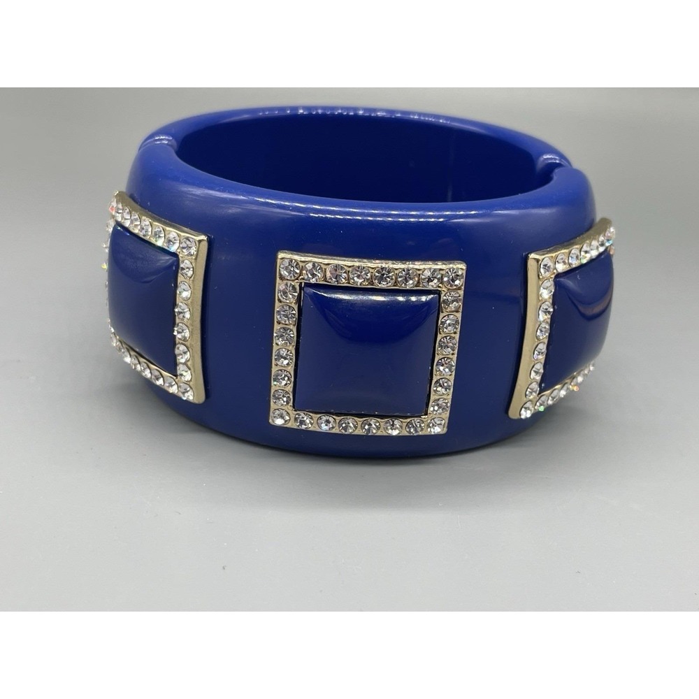 Vintage Blue Hinged Big Bangle Bracelet Lucite Resin Rhinestones Statement